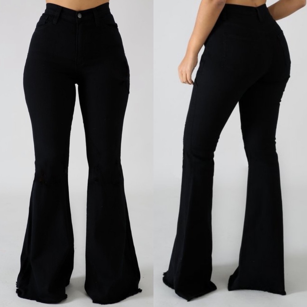 . GJG Denim Plain Black High Waist Boho Bell Bottom Jeans Size 13/34 - Picture 2 of 6